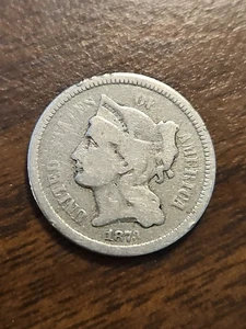 1873 (Closed 3) Copper Nickel Three Cent Piece Old US Coin Currency - Picture 1 of 4