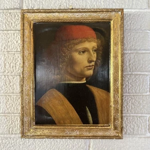 Placa de madera dorada dorada 9x12 vintage Botticelli caballero hecha en Italia - Imagen 1 de 6