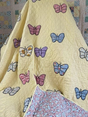 Manta Edredón Vintage Mariposa Amarillo Pastel Patchwork Años 40 Algodón  Foto 1 de 4