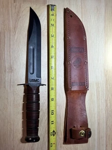 KaBar USMC 1217 Fighting/Tactical Full Tang Knife Leather Sheath Straight Edge - Picture 1 of 8