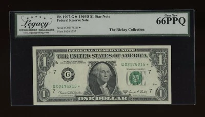 DBR 1969-D $1 Chicago Gem STAR Fr. 1907-G* Legacy 66 PPQ Serial G02174215* - Image 1 of 2
