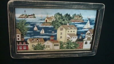 Primitive Country Print "Bay with Saltbox Houses and Sailboats" 8" x 11" framed - Image 1 of 3