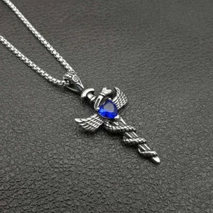 Mens Stainless Steel Angel Wings Faux Sapphire CZ Cross Pendant Necklace - Picture 1 of 8