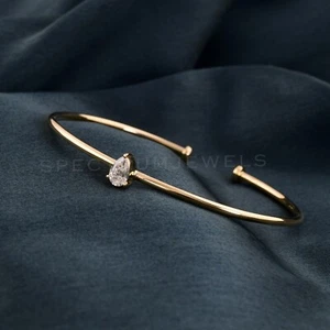 Solitaire Pear SI/H Diamond Cuff Bangle 14k Yellow Solid Gold Bracelet 0.39 Ct - Picture 1 of 9