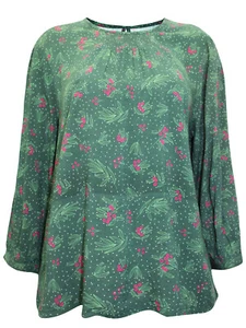 Debenhams MAINE Blouse Top GREEN BERRY Print Shirred Panel 3/4 Sleeve Size 16 - Picture 1 of 3