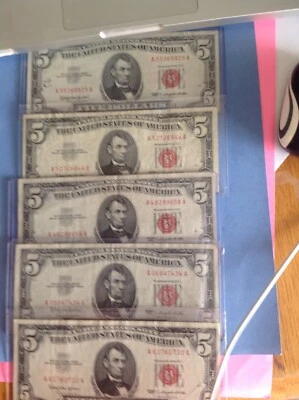 5 - 1963 $5.00 bills non sequential, AU Condition (pink) - Image 1 of 3