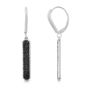 10K White Gold Round Natural Black Diamond Bar Drop Dangle Earrings Holiday Gift - Picture 1 of 2