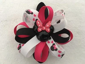 Girls Hair Bow 3 1/2" Wide Flower Pink/Blk/Wt Minnie Grosgrain French Barrette - Picture 1 of 2