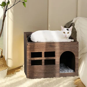 Wooden Cat House Puppy Cat Shelter with Soft Cushion Indoor Outdoor Kitty Condo - Picture 1 of 12