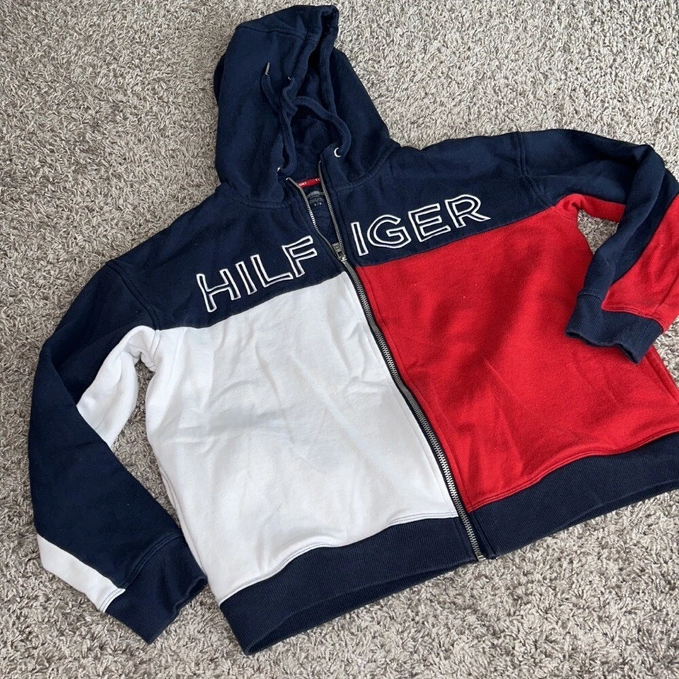 Tommy Hilfiger运动红色白色蓝色全拉链口袋女式小号连帽衫夹克 — 第 1/4 张图片