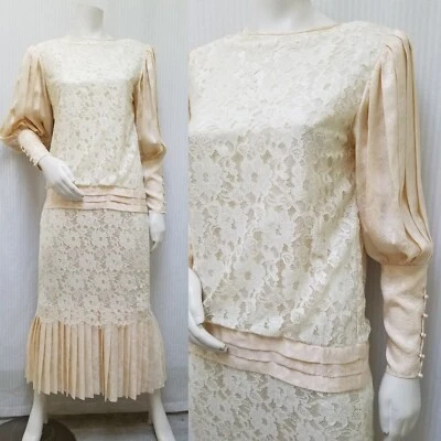 Vintage JESSICA MCCLINTOCK Ivory Lace & Silk Jacquard Dress - Size S/M - Image 1 of 4