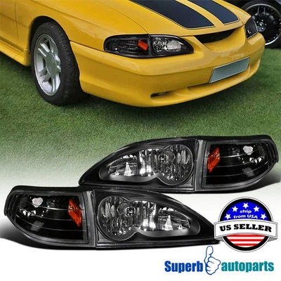 Fits 1994-1998 Mustang Headlight+Corner Signal Lamps Black Replacement Foto 1 de 4