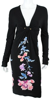 ROBERTO CAVALLI Black & Multi Floral Print Jersey Midi Sheath Dress 44 - Image 1 of 4