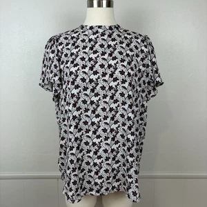 Loft Blouse Top Garden Floral Mock Neck Flutter Sleeves Size L Three Button Back - Picture 1 of 13