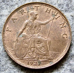 GREAT BRITAIN King GEORGE V 1927 FARTHING SEATED BRITANNIA AUNC km# 825 - Picture 1 of 6