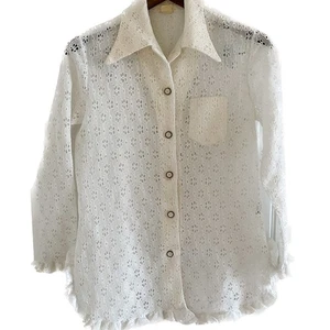 Vintage 70s Daisy lace ruffle off white wide collar button down blouse size M - Picture 1 of 11