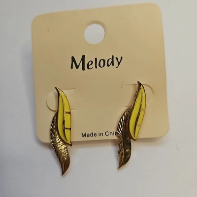 Earrings Stud Dangle Feather Leaf Shape Yellow And Gold Tone 1.38" Drop  - Image 1 of 4
