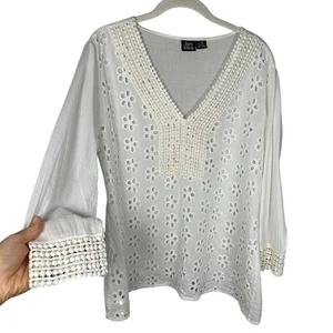 Liam Hans White 100% Cotton Embroidered Eyelet 3/4 Sleeve Blouse Women's S/M - Picture 1 of 7