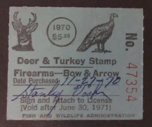 1970 Maryland Deer & Turkey Stamp  Firearms Bow & Arrow - Picture 1 of 2