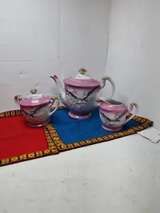 Vintage Pink Dragonware Moriage Geisha Lithophane Tea Pot sugar bowl milk jug  - Picture 1 of 20