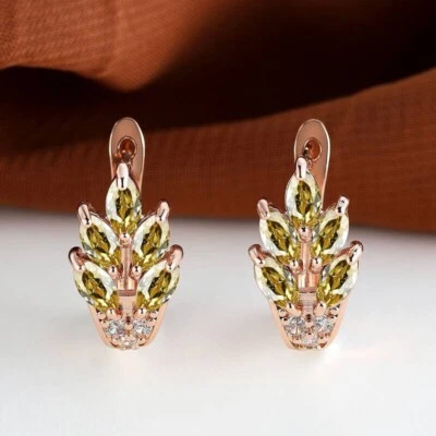 14k Rose Gold Over 3.10Ct Marquise Simulated Peridot  Leaf Hoop Earrings Women - Image 1 of 2