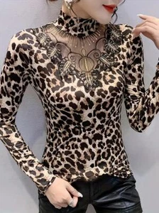 Fashion Women Leopard Print Black Lace Mock Neck Long Sleeve T-Shirt Clothing - Picture 1 of 5