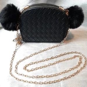 Girls Lattice Weave Purse Bag/Wallet Minnie Mouse Pom Tassels Gold Chain Strap - Picture 1 of 10