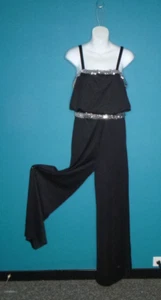 Vtg 70s Black Blouson Polyester Disco Jumpsuit Silver Sequin Trim WIDE Leg S/M - Picture 1 of 13