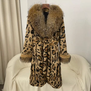 American Style Womens Real Raccoon Fur Collar Rabbit Fur Mid Long Coat Overcoats - Picture 1 of 26