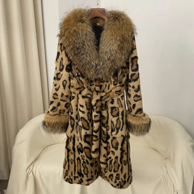 American Style Womens Real Raccoon Fur Collar Rabbit Fur Mid Long Coat Overcoats - Image 1 of 4