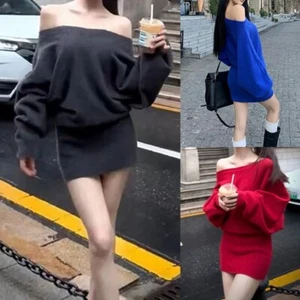 Off Shoulder Bodycon Knit Sweater Dress Casual Long Sleeve Plain Mini Jumper - Picture 1 of 14