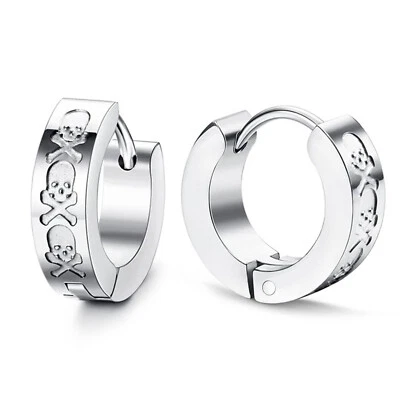 2pcs Punk Stainless Steel Gothic Skull Hoop Huggie Earrings for Men Women 18G - Image 1 of 4