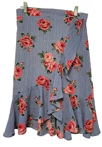 Womens Skirt Rose Floral Ruffle Flare Blue Stripe Silhouette NYC - Picture 1 of 13