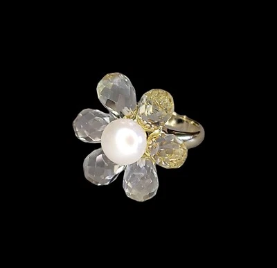 Anillo de oro amarillo de 18 quilates con prasiolita y perlas de cóctel Foto 1 de 4