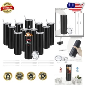 Elegante 20 Unzen Schwarz Edelstahl Becher - Zum Selbermachen 12er Pack mit Deckel & Strohhalmen - Bild 1 von 9