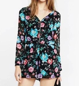 Express Floral Long Sleeve Shorts Romper Black Zip Front Pockets Size Medium - Picture 1 of 13