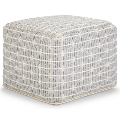 Simpli Home Noreen Boho Square Pouf in Light Blue and White Handloom Woven Pa... - Image 1 of 4