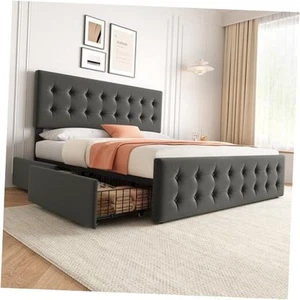 King Size Bed Frame with 4 Storage Drawers and Headboard, Linen Upholstered - Picture 1 of 8