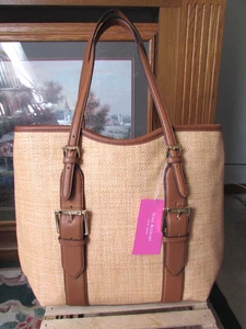 NEU MIT ETIKETT ~ ISAAC MIZRAHI LUCILLE TASCHE TASCHE ~ NATÜRLICH GEWEBTES STROH & HELLBRAUN LEDER VERKLEIDUNG $ 278 - Bild 1 von 12