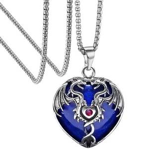 Collana Cuore Drago Lapislazzuli Rosso Zircone 316L Acciaio Catena Perline Fantasia Amuleto - Foto 1 di 10
