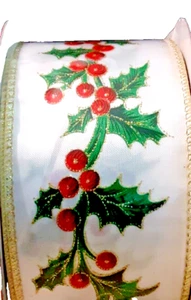 Christmas Red Holly Berry Green Leaf Garland 2.5" by 2 yds Gold Highlights NICE - Picture 1 of 4