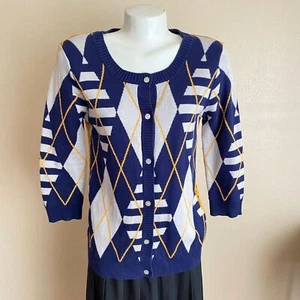 Copper Key L 100% Cotton Blue Gold Argyle Open Crochet 3/4 Sleeve Knit Cardigan - Picture 1 of 7