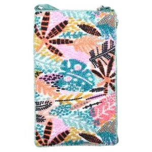 BAMBOO TRADING HAND BEADED TROPICAL FLOWER CLUB BAG CELLPHONE CROSSBODY WRISTLET - Picture 1 of 2