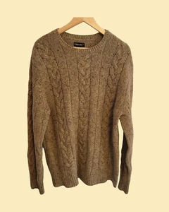 Vintage 90s LAMBSWOOL Mens M Beige-Green Blend Cable Knit Sweater  - Picture 1 of 9
