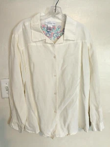 Susan Graver Womens Shirt 1X Plus Blouse White Floral Button Long Sleeve Dress - Picture 1 of 3