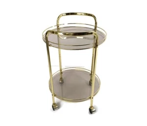 Bar cart Hollywood Regency Round Trolley Smoked Glass, Vintage Brass 2 tier Serv - Picture 1 of 7