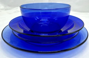 Vintage 4 teiliges Gedeck Kobaltblau Glas Abendessen Salatteller und 2 Schüsseln - Bild 1 von 14