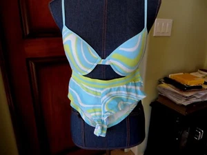 Damen-BH limettengrün blau Baumwollmischung Geo-Druck 34C Hahnhöschen 6/M - Bild 1 von 11