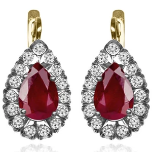 14k Yellow & White Gold Lab Created Ruby & Diamond Earrings - Picture 1 of 5