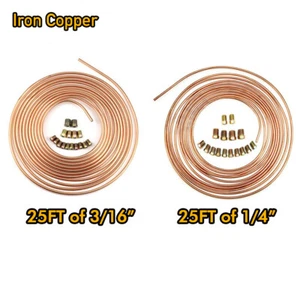 Copper+Iron Brake Line Tubing Kit 3/16 and 1/4 25 Ft Coil Rolls With Fittings - Foto 1 di 12